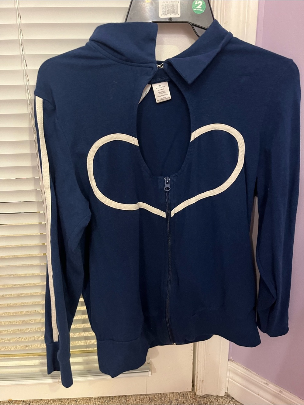 Navy Blue Women's Zip Front Sweater with Heart Accent
